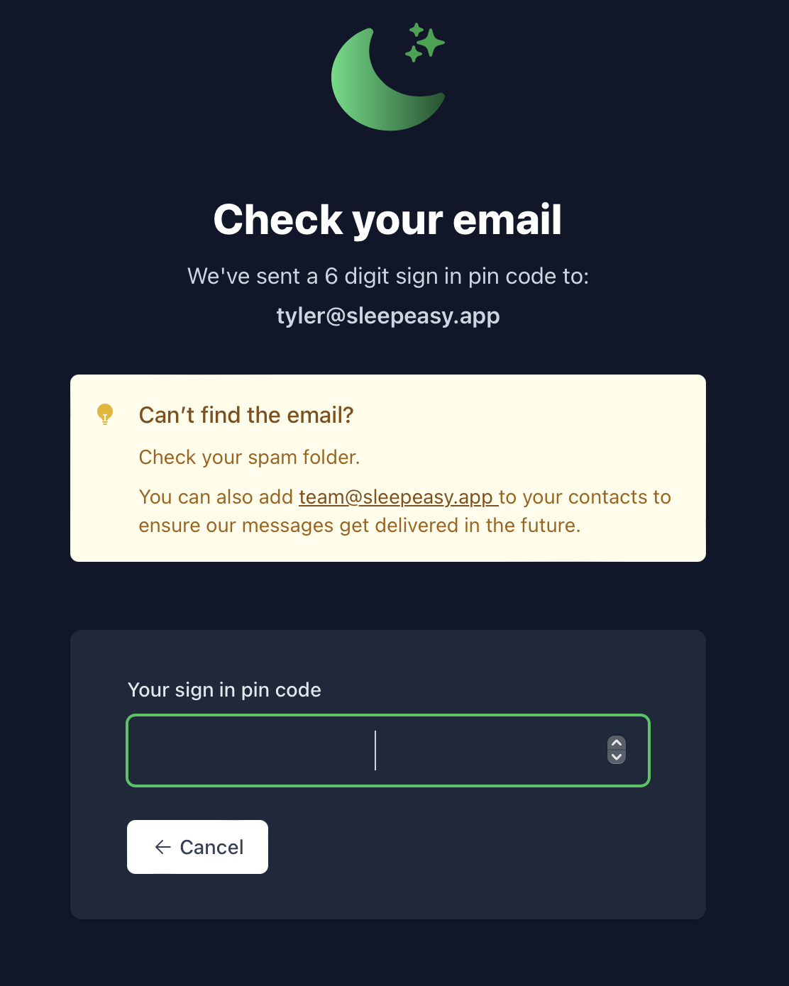 The passwordless login prompt for SleepEasy, now with a prominent callout to check your spam folder